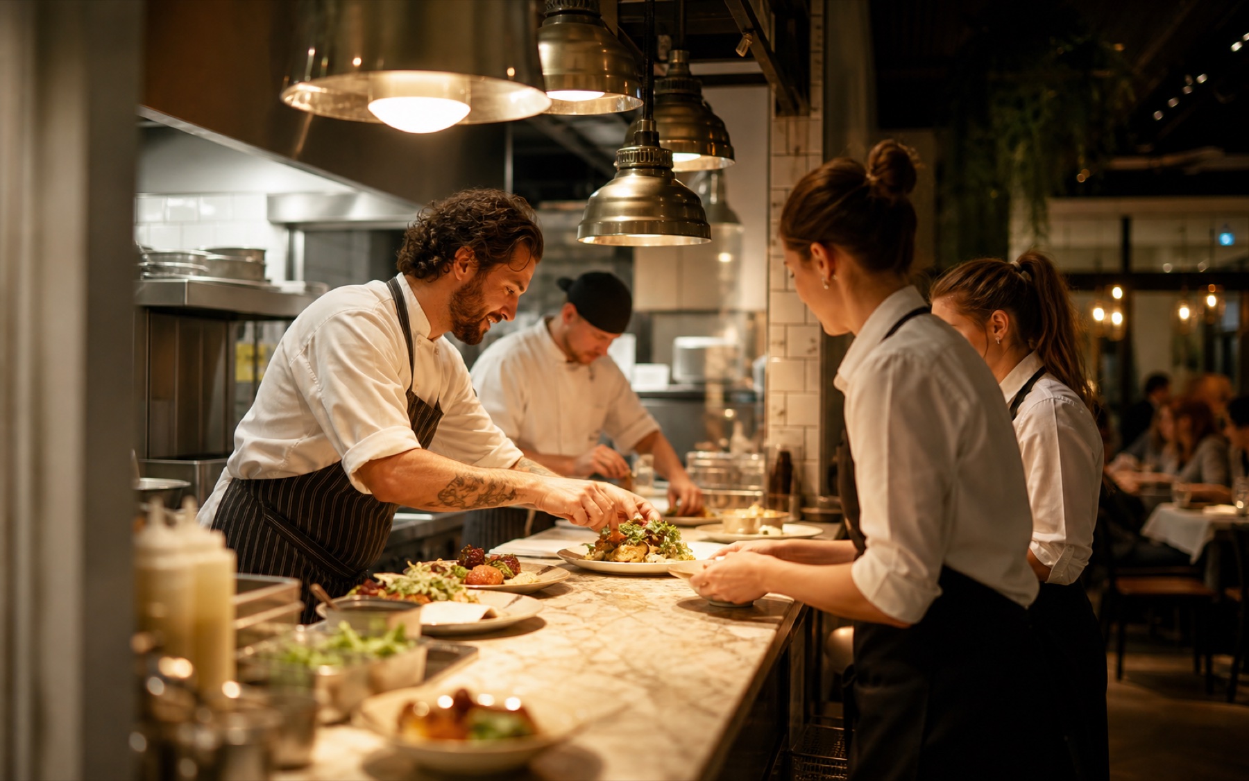 Squadra di cucina e sala al lavoro durante il servizio